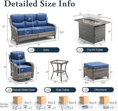 Belord Luxury 6" Thick Cushioned 10 Pieces Patio Furniture Set with Fire Pit Table, Wicker Outdoor Conversation Set with High Back Swivel Rocker Chairs for Deck Porch Yard and Poolside - Grey+Blue