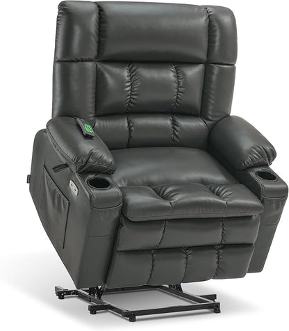 MCombo Dual Motor Power Lift Recliner Chair for Elderly, Lay Flat Lift Chair with Heat and Massage, Petite Wide Lift Chair, Cup Holders, USB A&C Ports, Faux Leather R7894 (Grey, Small-Wide)