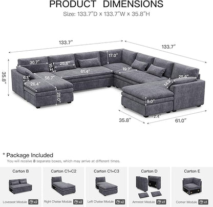 Belffin Large Modular Sectional Sofa with Double Deep Chaise and Loveseat, Corduroy U Shape Couch with 9" Soft Dual-Layer 9 Seats Cushion for Living Room, Apartment, Light Grey