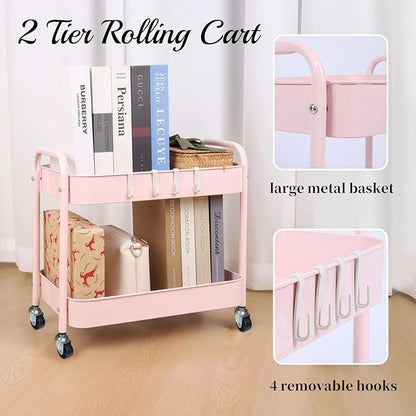2 Tier Rolling Cart Metal with Wheels Under Desk Storage Cart for Small Space Organization, Small Trolley for Pantry Room Laundry Bathroom Kitchen Office Art Snack Baby Supplies, Pink