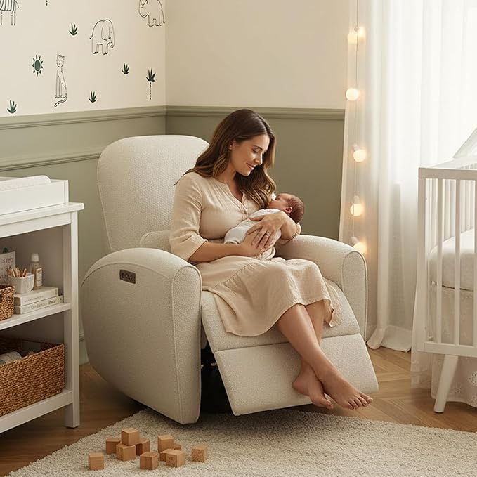 Watson & Whitely Power Recliner Chairs, Swivel Nursery Recliner Glider with Pillow Lumbar Support & Solid Wood Base for Living Room, Cream
