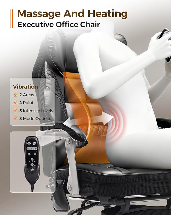 Big and Tall Office Chair 400lbs with Massage and Heat, 23.5" Wide Leather Office Chair with Back Support, Ergonomic Comfort 140° Reclining Desk Chairs Managerial Chairs for Heavy People