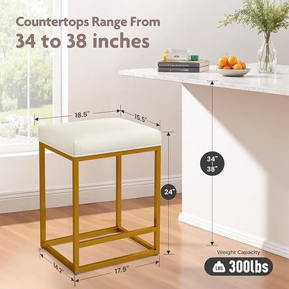 ALPHA HOME 24 Inch Counter Height Bar Stools Set of 3, Upholstered Bar Stools for Kitchen Island, Counter Stools with Faux Leather Cushion and Sturdy Metal Frame, Modern Barstools, White and Gold