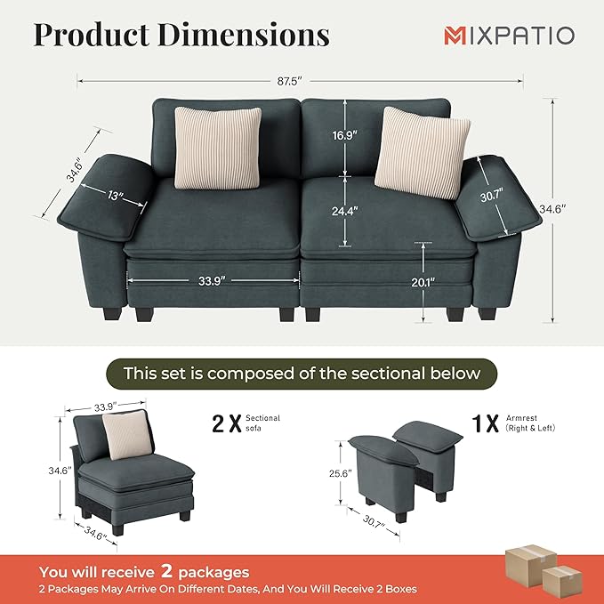 87" Cloud Modular Sectional Loveseat, 2-Seater w/Deep Seat & Removable Arms, Plush Chenille for Small Living Room & Apartment - Cyan