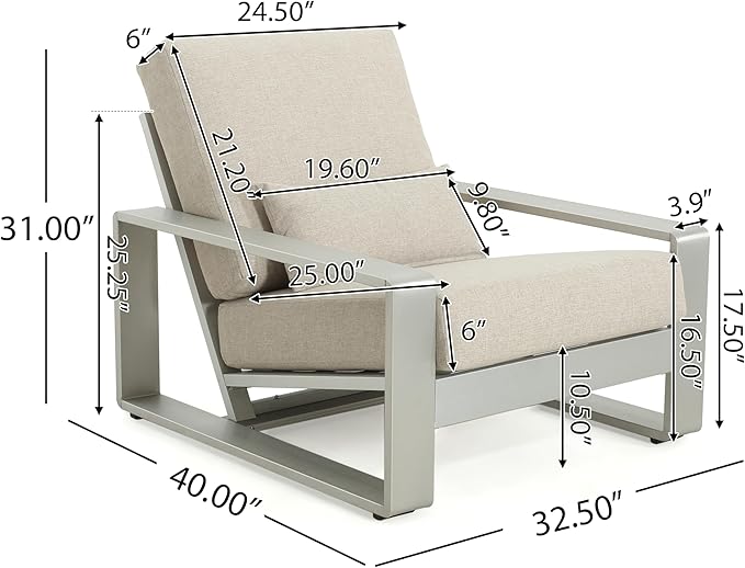 Christopher Knight Home Aspen Outdoor Aluminum Club Chair, Durable Aluminum Lounge Chair, Armchair with Cushions, Metal Accent Chair, Tilt Backrest Recliner for Backyard, Garden, Balcony, Silver+Beige