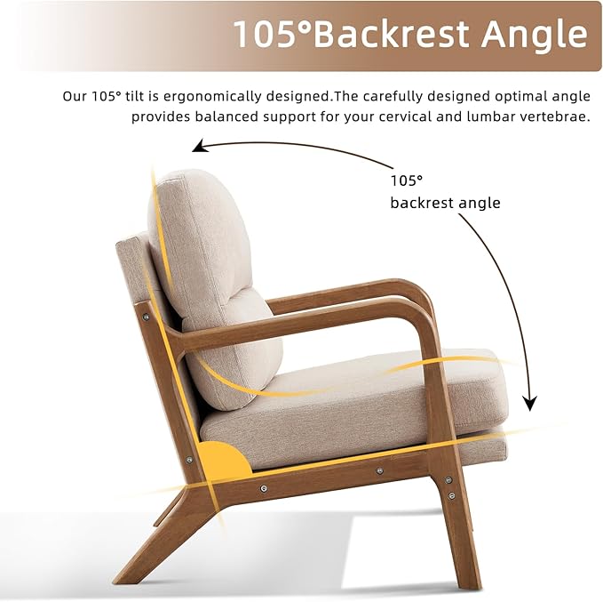 Mid Century Modern Accent Chair, Linen Fabric Upholstered Lounge Armchair with Solid Wood Frame and Soft Cushion for Living Room, Bedroom (1, Linen Beige)