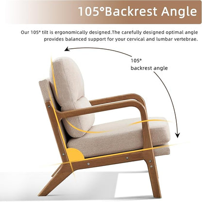 Mid Century Modern Accent Chair, Linen Fabric Upholstered Lounge Armchair with Solid Wood Frame and Soft Cushion for Living Room, Bedroom (1, Linen Beige)