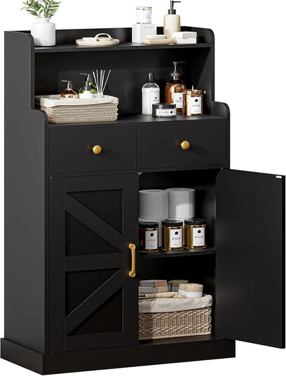 Storage Cabinet with Doors and Shelves, Bathroom Cabinet with 2 Drawers, Farmhouse Black Storage Cabinet, Kitchen Cabinet Cupboard for Living Room, Kitchen, Entryway, Home Office