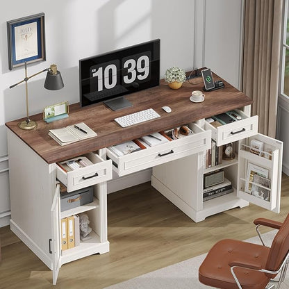 ONBRILL 59 inch Farmhouse Executive Desk with Drawers, Home Office Desk with File Cabinet, Outlets, Storage Cabinet, Keyboard Tray, Wood Computer Desk for Work Study Writing (Off White & Walnut)