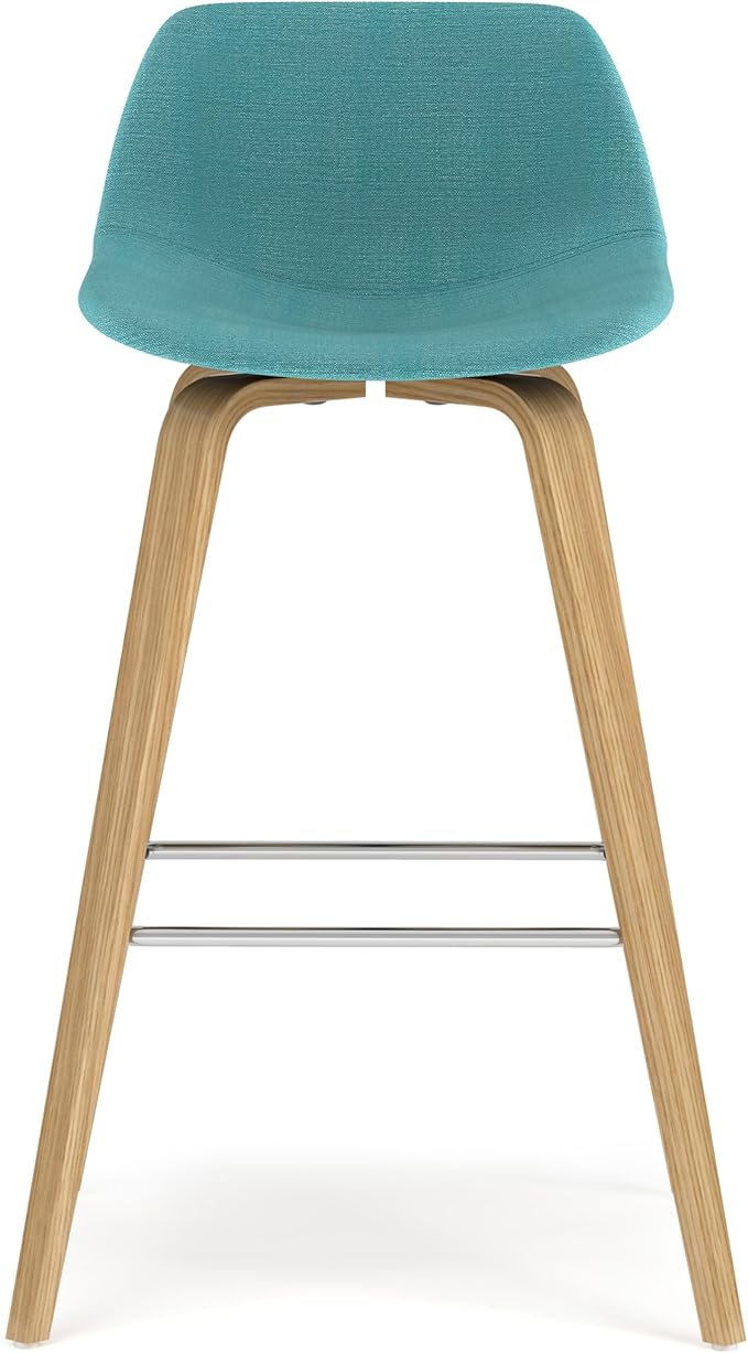 SIMPLIHOME Randolph Counter Stools (Set of 2) - 28 Inch Seat Height Upholstered Bentwood Kitchen Seats in Aqua Blue Polyester Linen Fabric, Mid Century Seating with Curved Backrest and Footrest