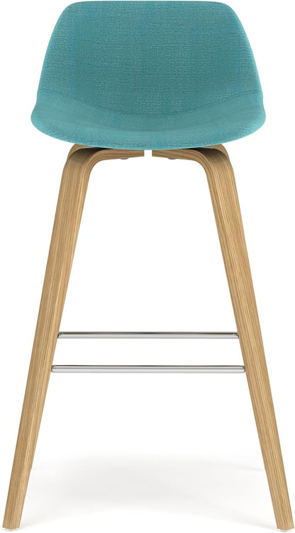 SIMPLIHOME Randolph Counter Stools (Set of 2) - 28 Inch Seat Height Upholstered Bentwood Kitchen Seats in Aqua Blue Polyester Linen Fabric, Mid Century Seating with Curved Backrest and Footrest