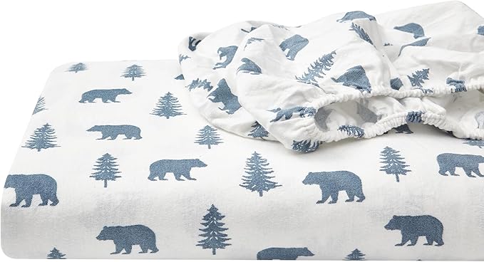 Eddie Bauer - Flannel Sheets Twin Size, Anti-Pilling & Wrinkle Resistant Cotton, Touchably Soft for All-Season Comfort - Bed Sheets with Matching Pillowcase & Fitted Sheet (Bears and Trees Blue)