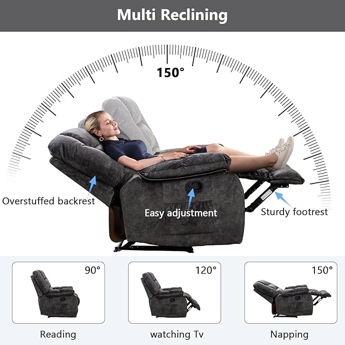 ANJHOME Massage Recliner Chairs with Heat and Vibration,Overstuffed Manual Rocking Reclining Chair for Living Room Bedroom (Grey)