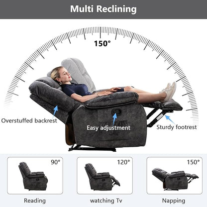 ANJHOME Massage Recliner Chairs with Heat and Vibration,Overstuffed Manual Rocking Reclining Chair for Living Room Bedroom (Grey)