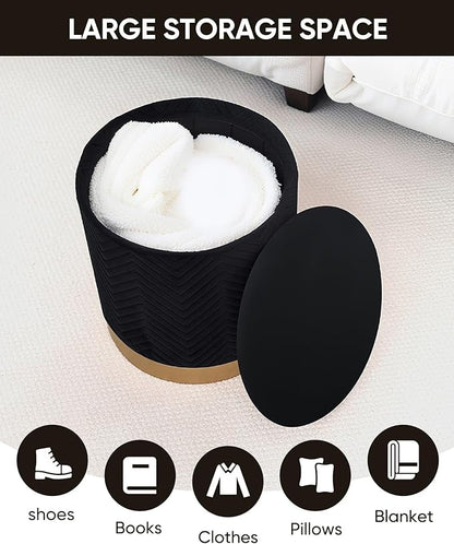 B FSOBEIIALEO Ottoman with Stroage, Round Velvet Storage Ottoman with Gold Plating Base,Foot Rest Stool for Dorm Room, Living Room Black, 14.76"x14.76"x16.35"