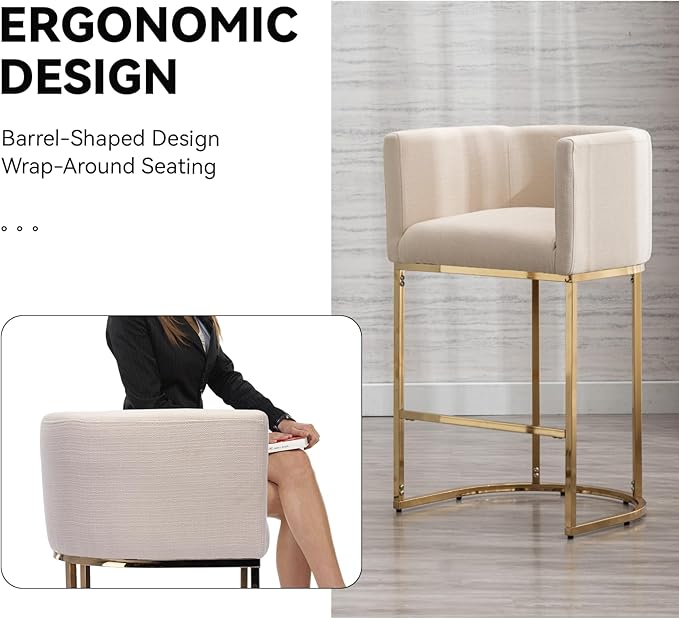 Contemporary Cream Linen Bar Stools Set of 2, 29" Upholstered Fabric Counter Height Barstools Kitchen Counter Island Stools with Screwed Together Golden Metal Base