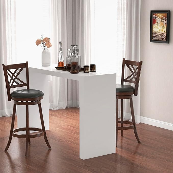 COSTWAY Bar Stool Set of 4 for Kitchen Island, Swivel Upholstered Bar Height Barstools with PU Surface, Rubber Wood Frame, 360° Rotatable Seat, Curved Back, Sturdy Footrest (4, 29" Seat Height)