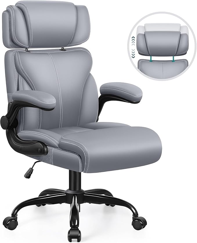 Office Chair, Ergonomic Big and Tall Computer Desk Chair with Retractable Adjustable Headrest, Executive Breathable Leather Chair, Lumbar Support Swivel PC Chair with Flip-up Armrests Rocking Function