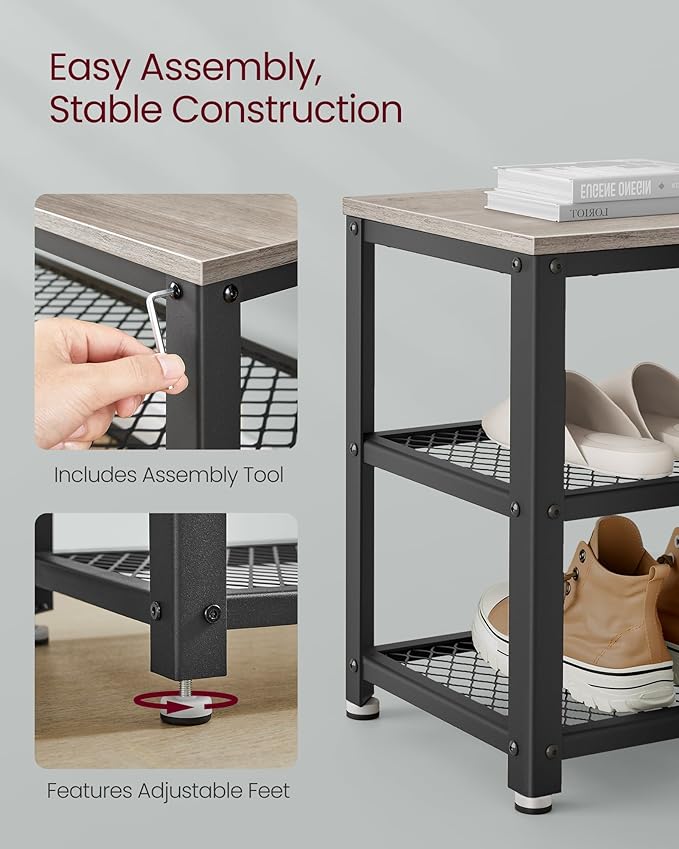 VASAGLE, 3-Tier Shoe Rack, Shelf Storage Bench with Metal Mesh Shelves and Seat, Free Standing Shoe Organizer for Entryway, 11.8 x 39.4 x 17.7 Inches, Greige and Black ULBS078K01