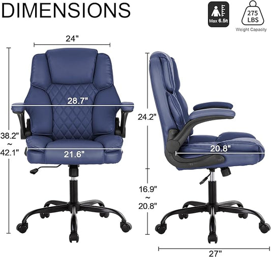 Office Desk Chair,Mid Back Executive Leather Chair,Ergonomic Home Computer Chair,Modern Conference Room Chairs with Adjustable Flip-Up Arms and Rocking Function (Navy Blue)