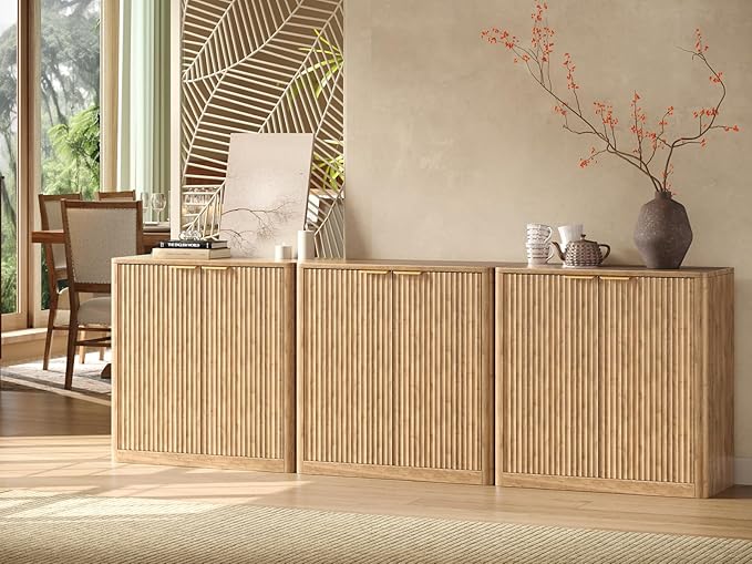 Evermagin 94.5" Oak Buffet Cabinet with Storage, Large Sideboard Cabinet, Boho Accent Credenza, Fluted Console Table with Doors for Dining Room, Kitchen, and Living Room