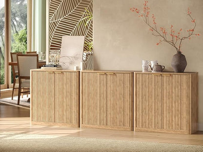 Evermagin 94.5" Oak Buffet Cabinet with Storage, Large Sideboard Cabinet, Boho Accent Credenza, Fluted Console Table with Doors for Dining Room, Kitchen, and Living Room