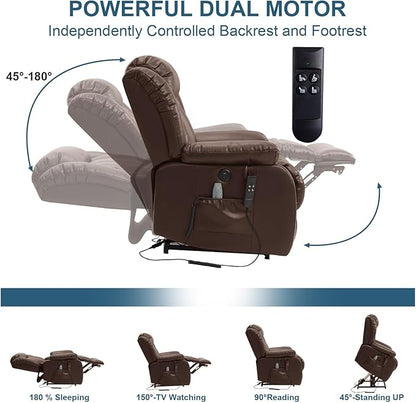 Dual Motor Large Power Lift Recliner Chair for Elderly with Heat and Massage,Lay Flat Lift Chairs Recliners for Seniors Infinite Position,USB Ports&Remote, Leather (Ochre) (Brown, Medium)