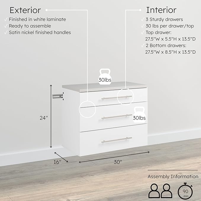 Prepac HangUps 30” Wide Wall Mount 3-Drawer Storage Cabinet, Ideal for Tool Storage, Organization for Garage, Kitchen, Laundry, Bathroom, Home Office and More, 30”W x 24”H x 16”D, White