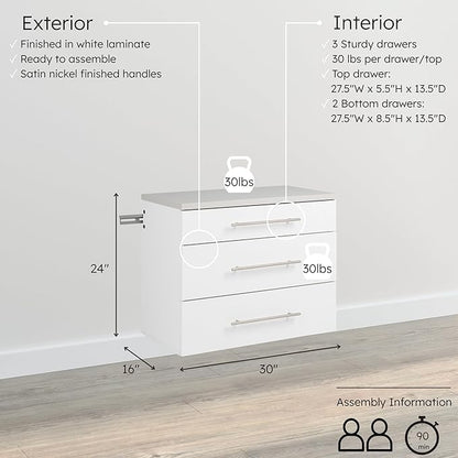 Prepac HangUps 30” Wide Wall Mount 3-Drawer Storage Cabinet, Ideal for Tool Storage, Organization for Garage, Kitchen, Laundry, Bathroom, Home Office and More, 30”W x 24”H x 16”D, White