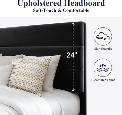 Allewie Full Size Platform Bed Frame with Velvet Upholstered Headboard and Wooden Slats Support, Fully Upholstered Mattress Foundation/No Box Spring Needed/Easy Assembly, Black