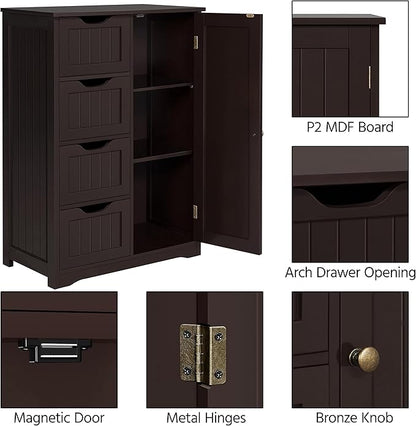 Yaheetech Large Bathroom Floor Cabinet with 4 Drawers and Single Door Cabinet, Freestanding Storage Cabinet for Living Room Kitchen Hallway, Espresso