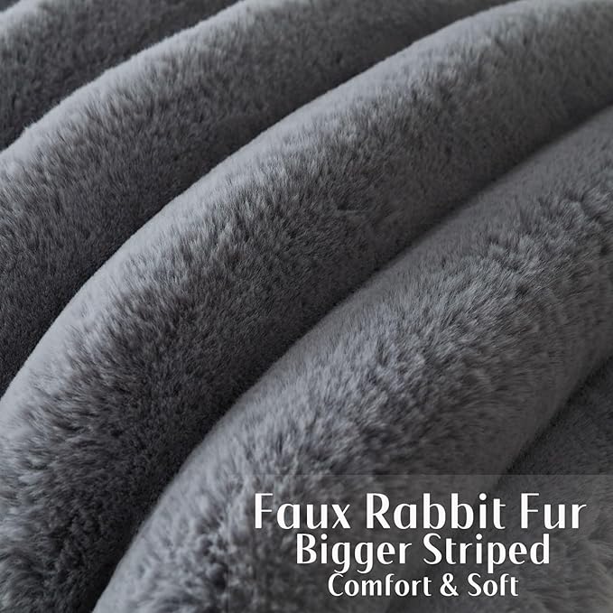 FUTEI Grey Decorative Throw Pillow Covers 12x20 Inch Set of 2, Square Soft Faux Rabbit Fur Thick Striped Lumbar Pillow Case,Winter Home Decor for Couch Bed Living Room
