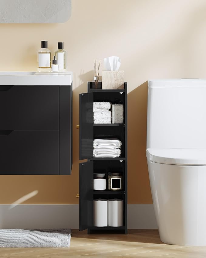 Bathroom Storage Cabinet, Corner Floor Cabinet with 2 Doors and Adjustable Shelf, Narrow Toilet Paper Cabinets, Bathroom Organizer for Small Spaces, 7.9" D x 7.9" W x 29.5" H Black