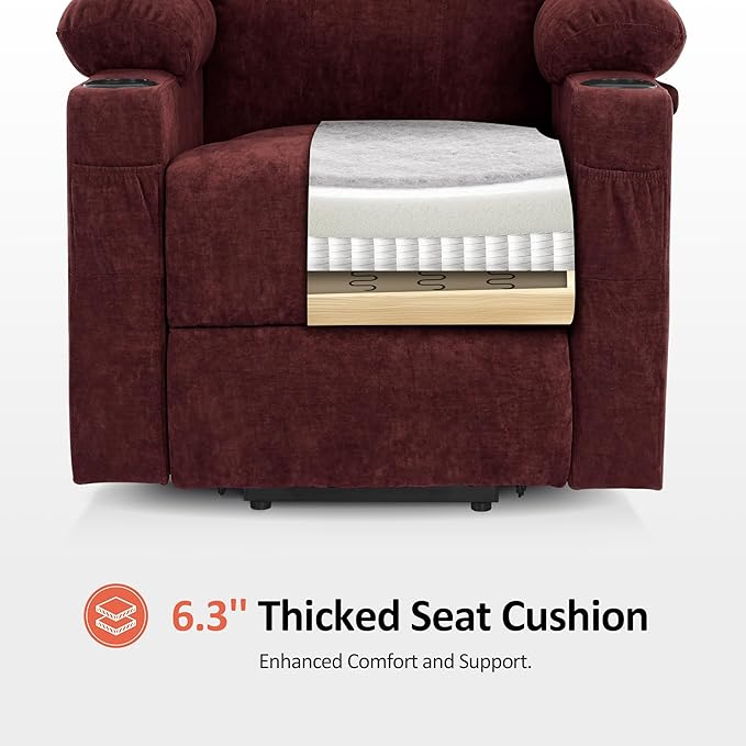 MCombo Power Lift Recliner Chair for Elderly, Lift Chair with Heat and Massage, USB&Type C Ports, Extended Footrest, Cup Holders, Fabric 7040 (Medium, Sangria)