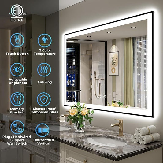 40x36 Inch LED Bathroom Mirror with Lights (Front Lit and Backlit) Black Framed Lighted Vanity Mirror for Bathroom Wall Dimmable Anti-Fog Memory Tempered Glass Horizontal/Vertical