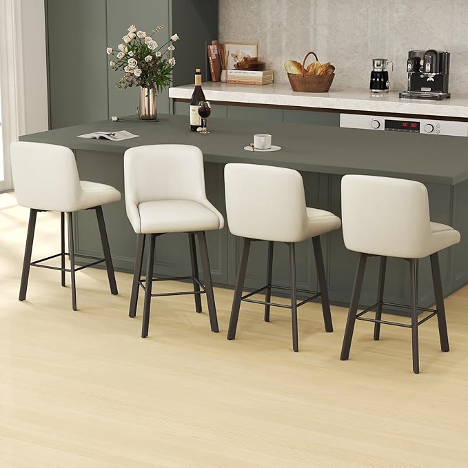 Swivel Bar Stools, 26''H Upholstered Barstools with Backs, Modern Counter Height Bar Stool Chairs for Kitchen Island, Metal Legs (Beige- Faux Leather, Set of 6-26" H)