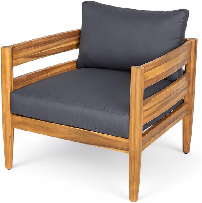 Christopher Knight Home Annie Acacia Wood Outdoor Chairs Set of 2, Patio Lounge Chair Outdoor with Slatted Back, Accent Chair with Cushions, Stylish Armchair for Balcony/Garden, Dark Gray + Teak