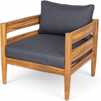Christopher Knight Home Annie Acacia Wood Outdoor Chairs Set of 2, Patio Lounge Chair Outdoor with Slatted Back, Accent Chair with Cushions, Stylish Armchair for Balcony/Garden, Dark Gray + Teak