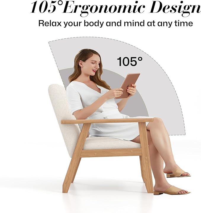 KCC Mid-Century Modern Linen Fabric Accent Chair, Upholstered Leisure Chair Comfy Reading Side Chair with Armrest and Solid Wood Frame for Living Room Bedroom Balcony(Beige)