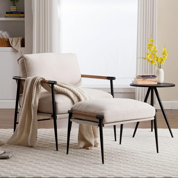 LukeAlon Mid-Century Chenille Accent Chair with Ottoman, Soft Living Room Chair with Metal Legs Modern Upholstered Armchair Reading Nook Chair Lounge Leisure Chair with Footstool for Bedroom, Beige
