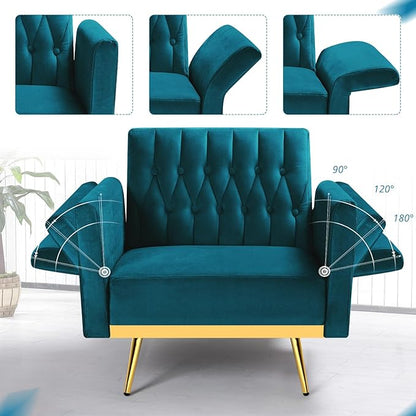 Velvet Accent Chair with Adjustable Armrests and Backrest, Button Tufted Lounge Chair, Single Recliner Armchair with Ottoman and Pillow for Living Room, Bedroom,Teal