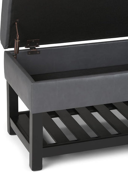 SIMPLIHOME Cosmopolitan 44 inch Wide Transitional Rectangle Storage Ottoman Bench with Open Bottom in Stone Grey Vegan Faux Leather, Assembled for the Living Room and Bedroom
