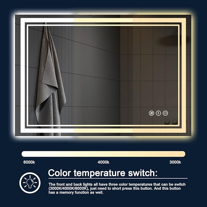 40x30 Inch LED Bathroom Mirror with Lights, Backlit and Front Lighted Bathroom Mirrors for Wall, Anti-Fog Dimmable Memory Shatterproof LED Vanity Mirror for Bathroom