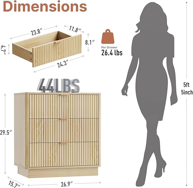 Mid Century Modern 3 Drawer Dresser for Bedroom, Fluted Wood Nightstand with Round Edge Design, Shallow Bedroom Storage for Closet, Living Room（Natural Oak）