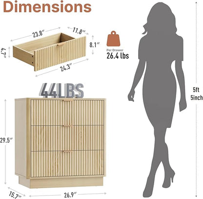 Mid Century Modern 3 Drawer Dresser for Bedroom, Fluted Wood Nightstand with Round Edge Design, Shallow Bedroom Storage for Closet, Living Room（Natural Oak）