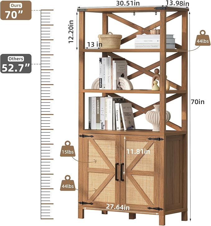 5 Tier Bookshelf 70" Rattan Boho Tall Bookcase with Barn Doors,Farmhouse Display Book Shelf with Adjustable Shelves and Storage Cabinet,Wood Bookshelves for Living Room,Kitchen,Natural (3PCS)