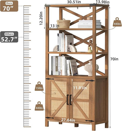 5 Tier Bookshelf 70" Rattan Boho Tall Bookcase with Barn Doors,Farmhouse Display Book Shelf with Adjustable Shelves and Storage Cabinet,Wood Bookshelves for Living Room,Kitchen,Natural (3PCS)