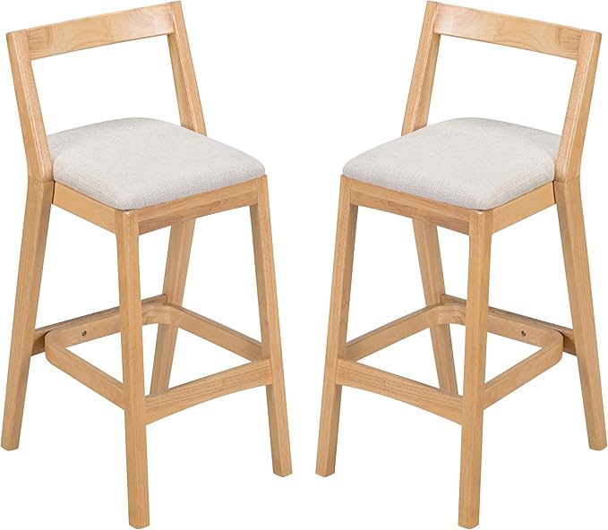Christopher Knight Home Yone Counter Height Bar Stools Set of 2, Comfy Fabric Upholstered Bar Stool for Kitchen Island, Wooden Dining Room Chair, Barstools with Footrest/Backrest, Beige + Natural