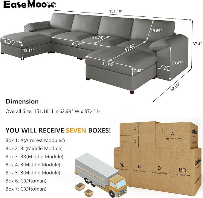 EASE MOOSE Leather Sectional Couch, Oversized Modular Sectional Sofas, Wide Deep Seat Modular Couch, Scratch Resistant Faux Leather Material, U Shaped Sofa for Big Spaces,Grey