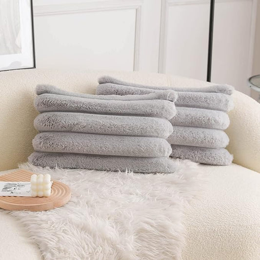 Neelvin Grey Faux Fur Cozy Soft Striped Decorative Throw Pillow Covers 12x20 inch Set of 2,Velvet Pillowcase Cushion Case for Sofa Couch